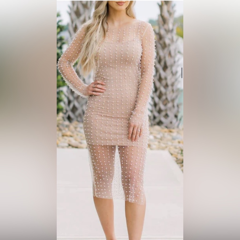 Sheer pearl and rhinestone dress and slip dress size M